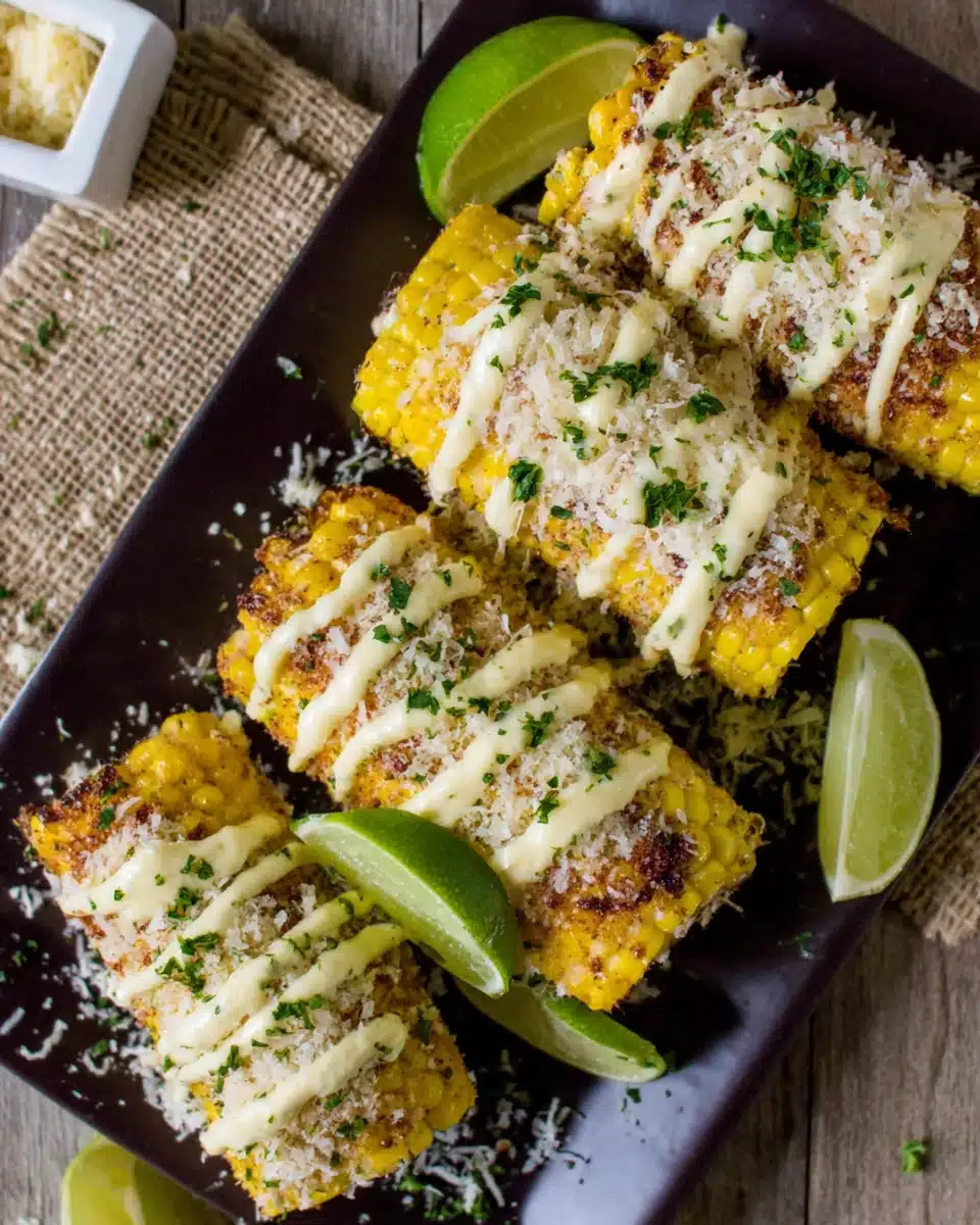 Creamy elote topped with cheese, perfect for summer gatherings.
