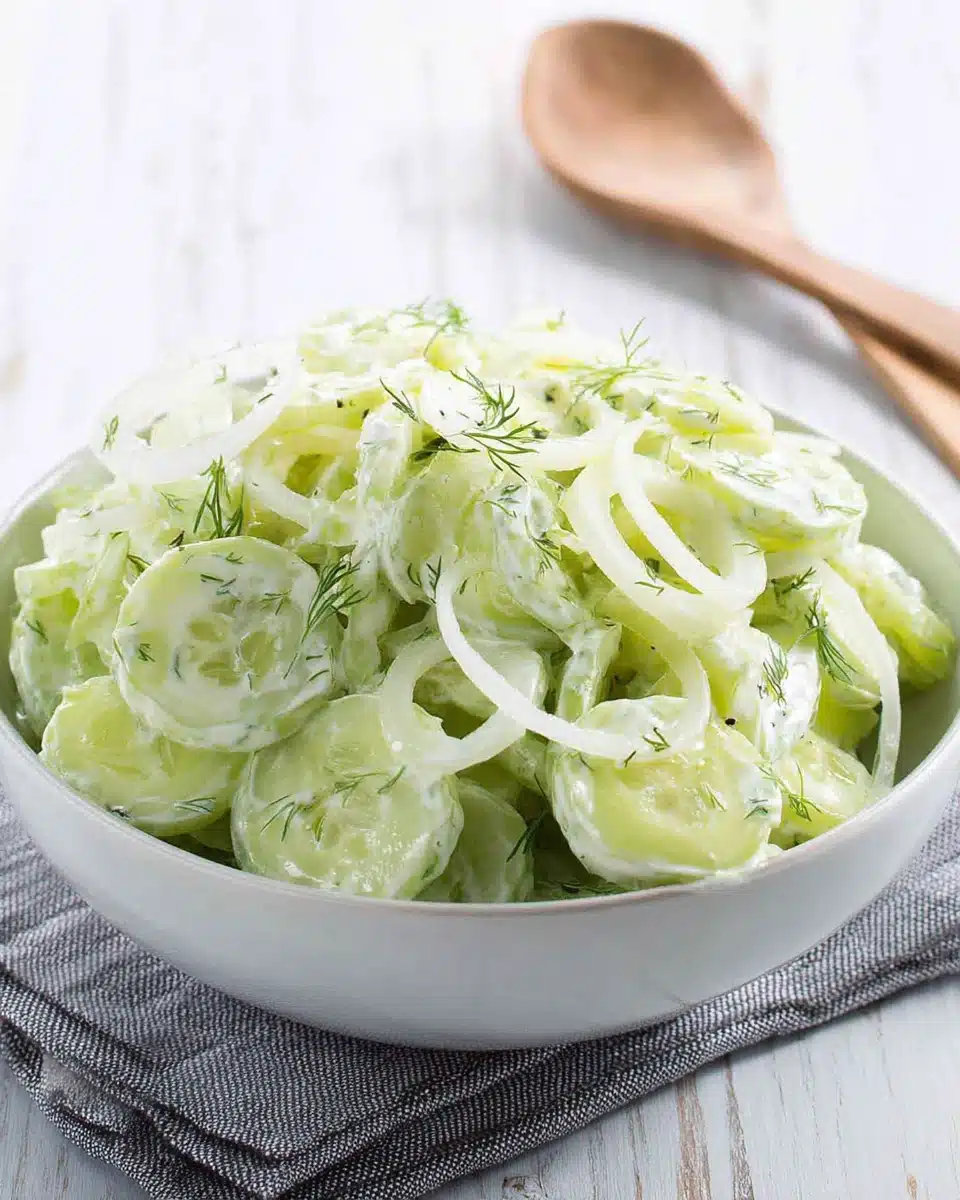 Delicious English cucumber salad with creamy dressing and fresh dill.