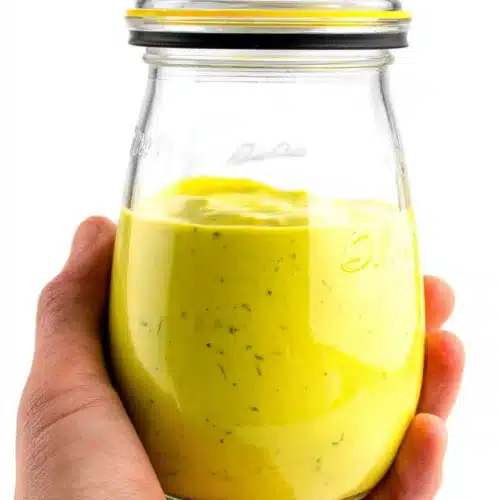 Everyday salad dressing in a glass jar.