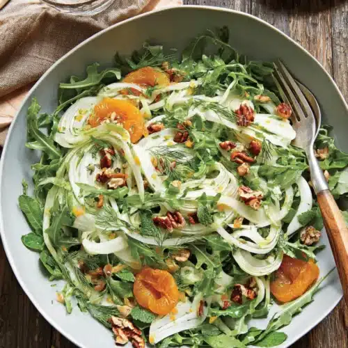 Fennel mint salad with arugula, apricots, and pecans.