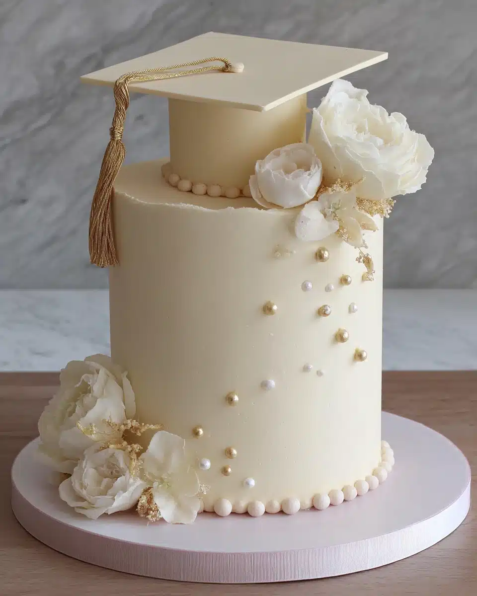 Floral graduation themed novelty cake with elegant design.