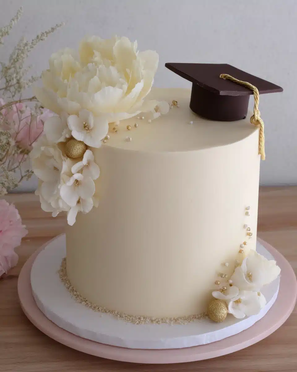Floral graduation themed novelty cake for celebrations