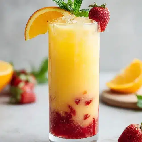 Florida OJ Strawberry Sunrise Mocktail with fresh strawberries.