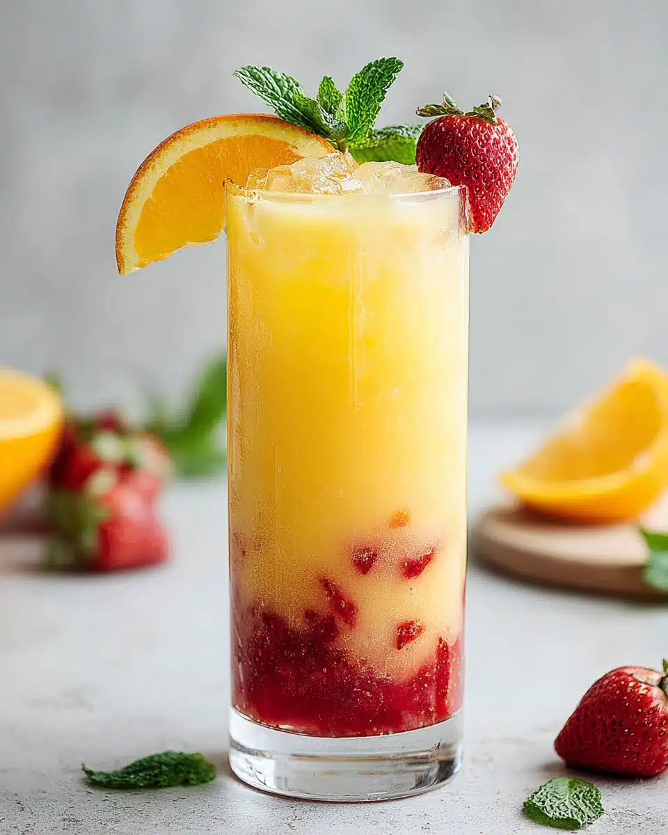 Florida OJ Strawberry Sunrise Mocktail with fresh strawberries.