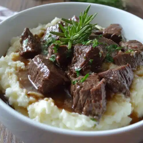 Garlic and rosemary beef served with mashed potatoes.