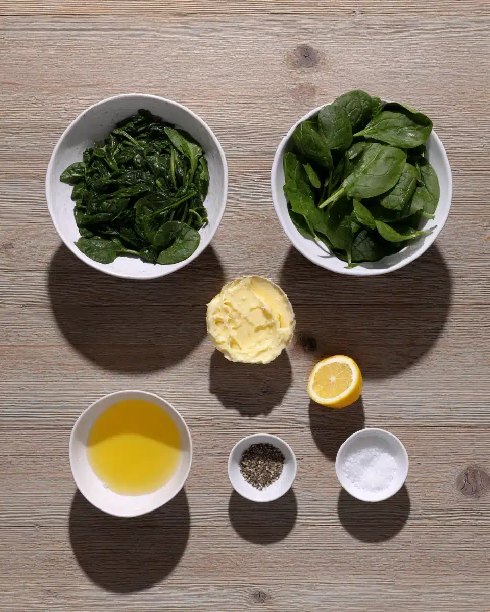 Ingredients for garlic butter sautéed spinach, including spinach and garlic.