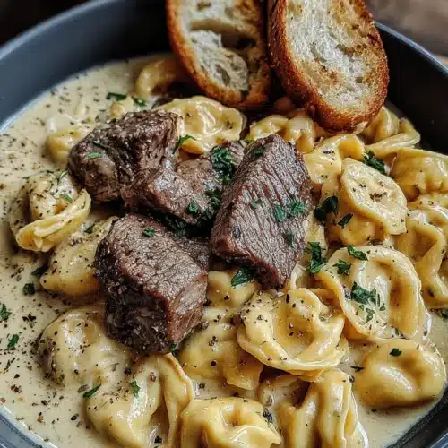 Garlic Steak Tortellini: A Deliciously Indulgent Meal 1 Savory garlic steak tortellini with creamy sauce and tender steak pieces.