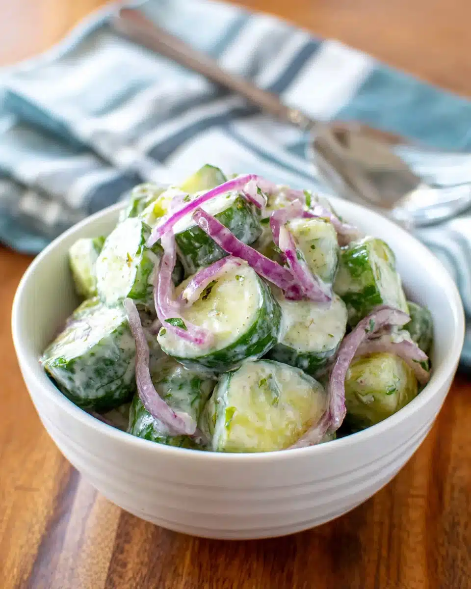 Creamy German cucumber salad with sour cream and red onion.