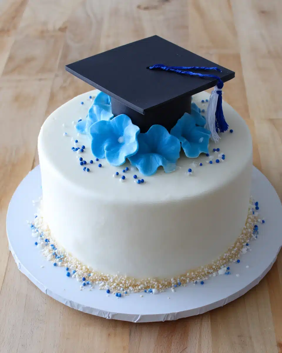 Beautiful Graduation Cake for Celebrations Graduation cake with cap and blue flowers.