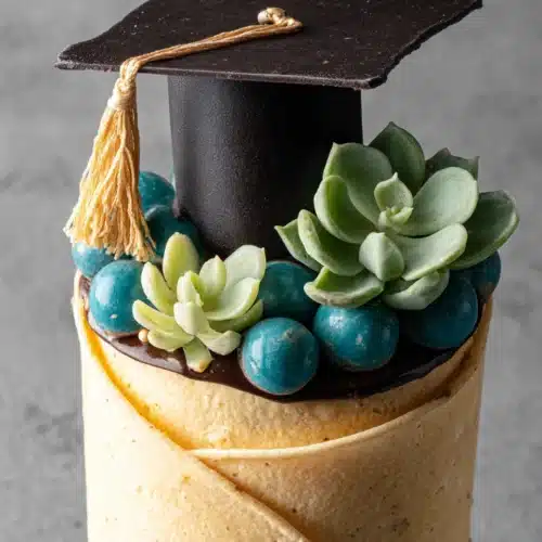 Delicious vegan graduation cake design with unique decorations.