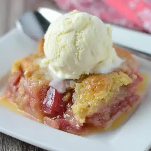Delicious grandmas rhubarb dessert with ice cream.