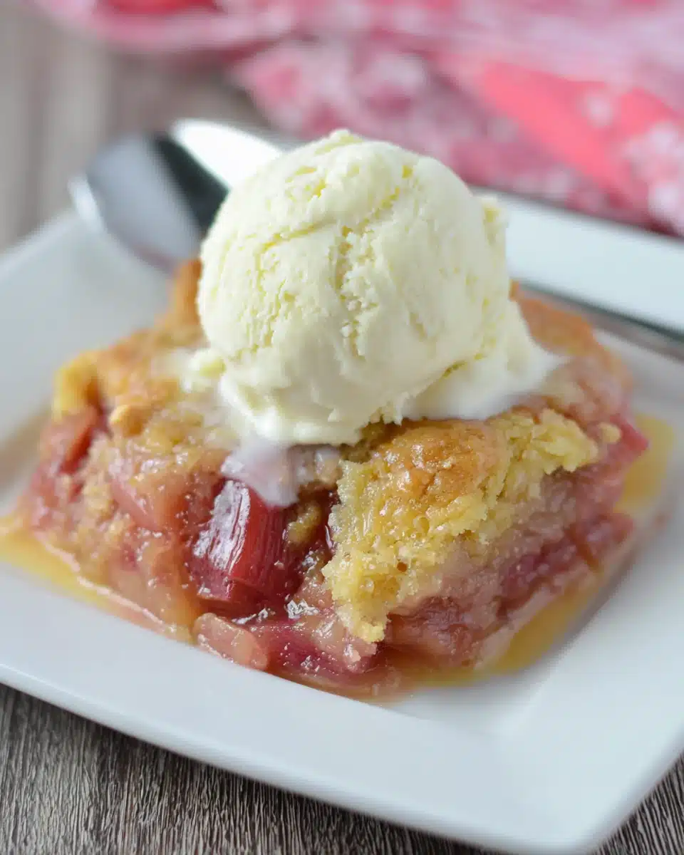 Delicious grandmas rhubarb dessert with ice cream.