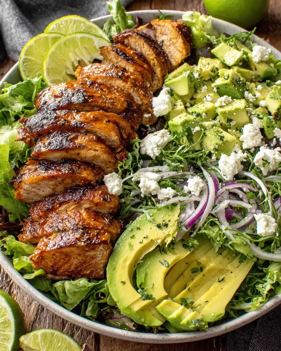 Grilled chicken avocado salad packed with flavor and nutrition.