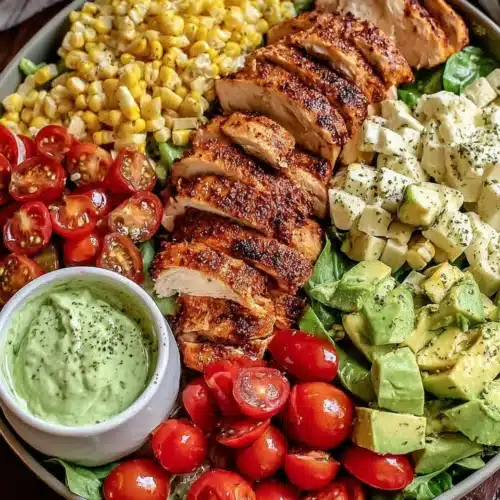Grilled chicken avocado salad loaded with fresh ingredients.