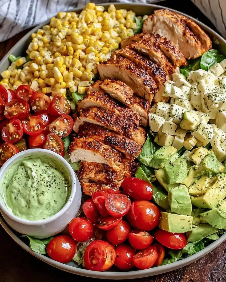 Grilled chicken avocado salad loaded with fresh ingredients.