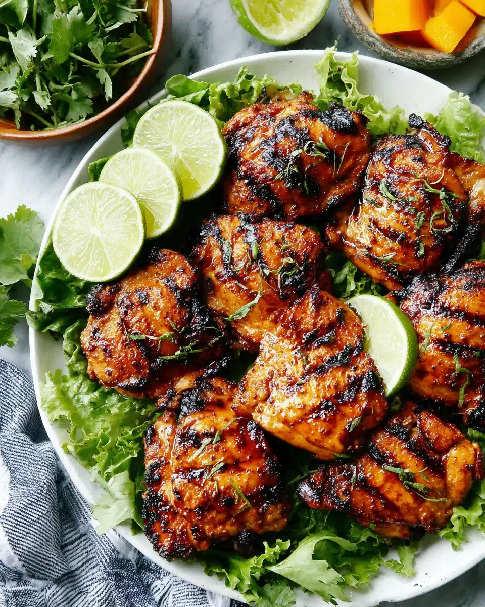 Juicy grilled chili lime chicken thighs ready to serve.