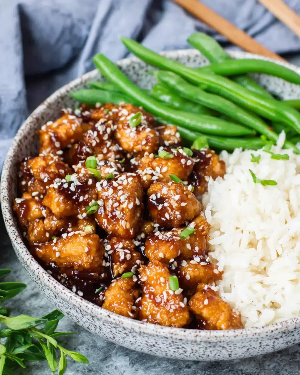 Healthy sesame chicken served with rice and green beans.