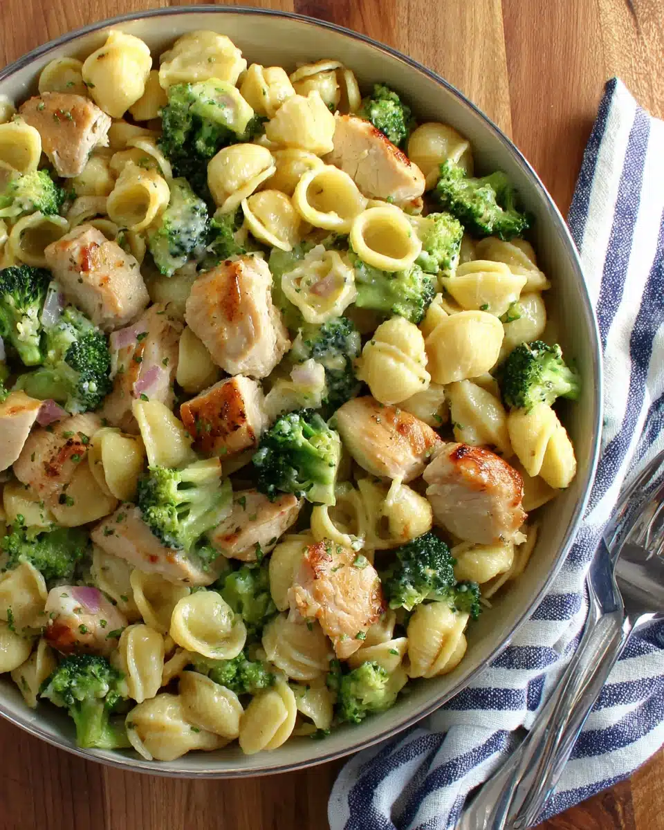 Healthy high protein rotisserie chicken broccoli pasta dish ready to eat