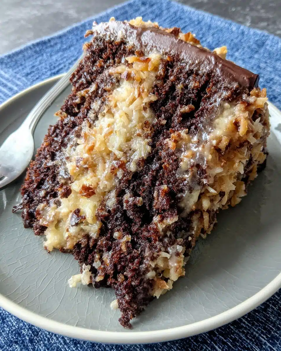 Homemade German Chocolate Cake Slice Delicious homemade German chocolate cake slice.