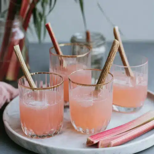 Refreshing homemade rhubarb lemonade served in glasses.
