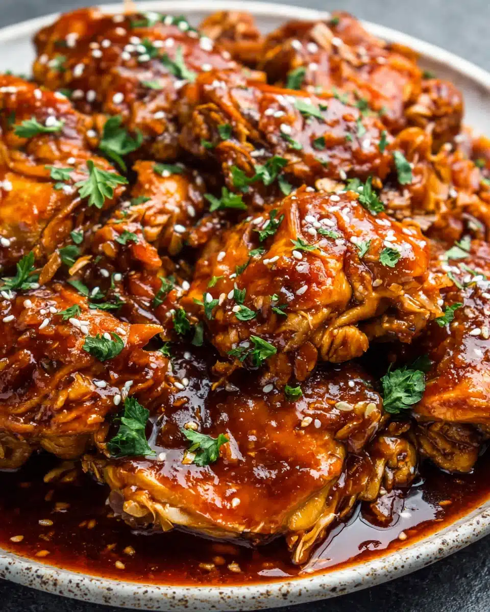 Delicious honey garlic slow cooker chicken thighs in a rich sauce.
