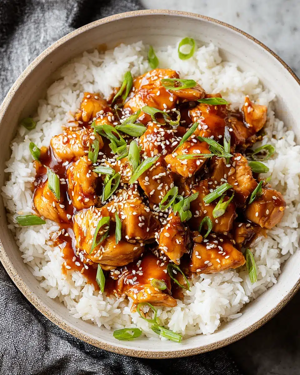 Honey garlic slow cooker chicken thighs over rice with green onions.