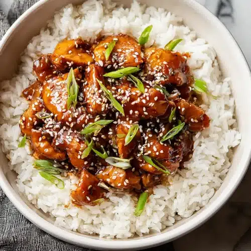 Honey garlic slow cooker chicken thighs dish on rice.