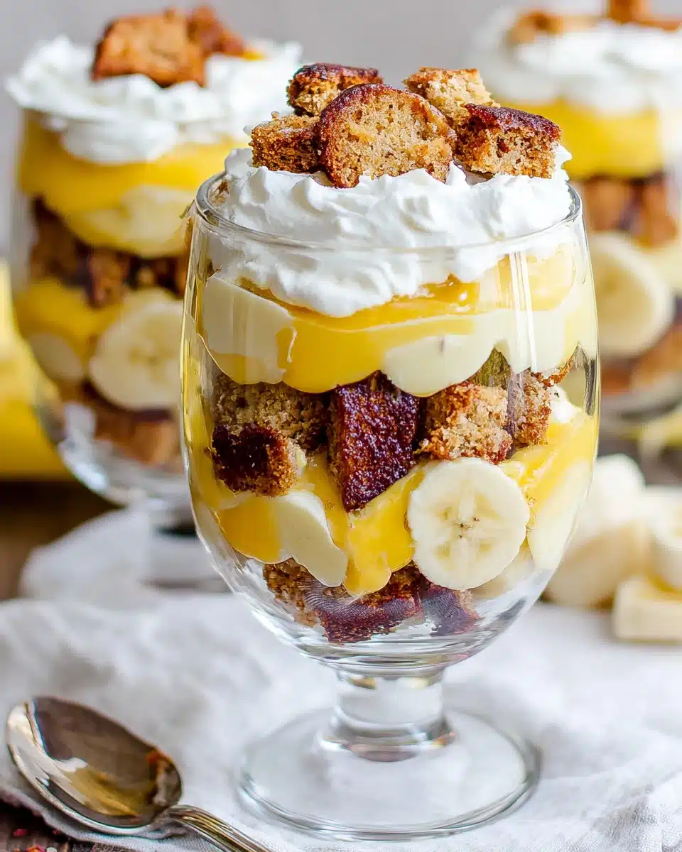 Honey Vanilla Banana Bread Parfait Delight Honey vanilla banana bread parfait with creamy layers and crunchy croutons.
