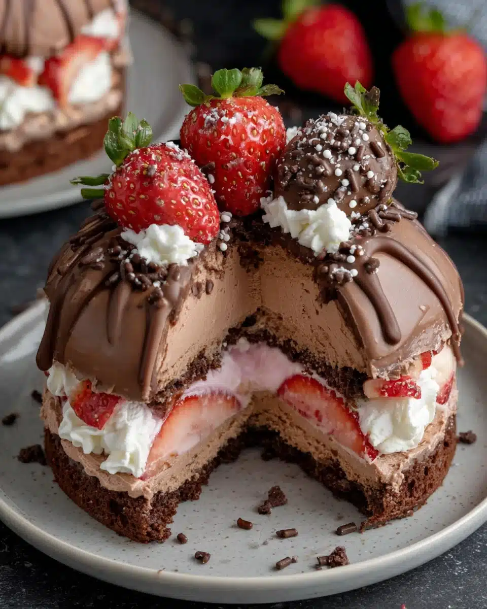Irresistible strawberry chocolate shell cake, perfect for any celebration.