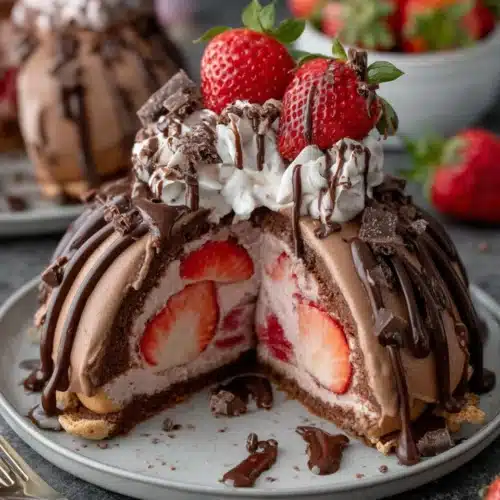 Irresistible strawberry chocolate shell cake for celebrations.