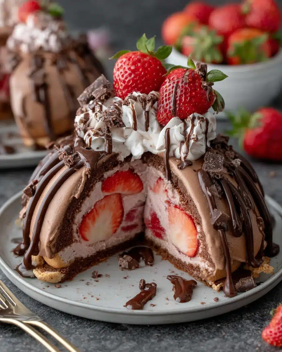 Irresistible strawberry chocolate shell cake for celebrations.