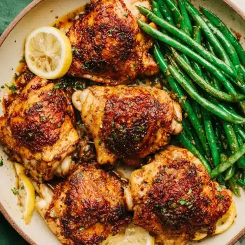 Lemon garlic butter chicken thighs with green beans.