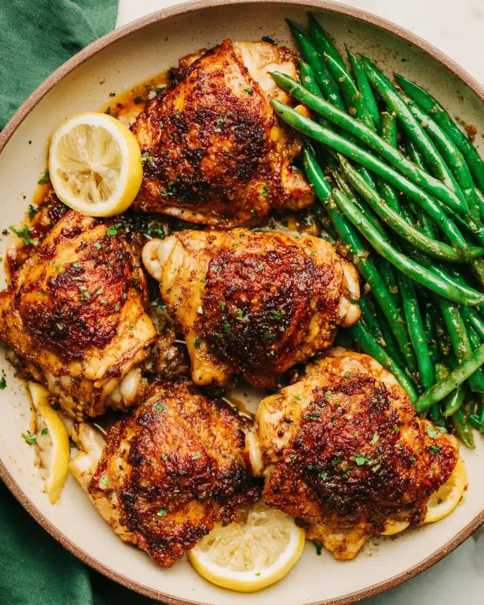 Lemon garlic butter chicken thighs with green beans.