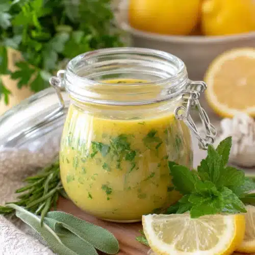 Lemon herb vinaigrette and marinade in a jar.