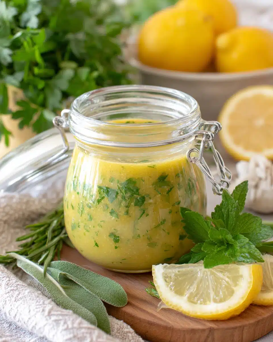 Lemon herb vinaigrette and marinade in a jar.