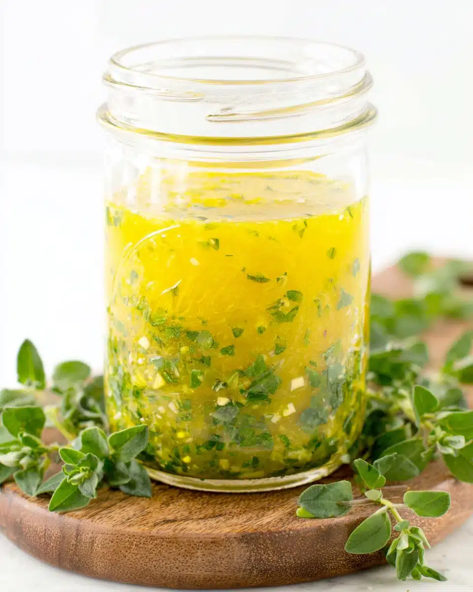 Lemon oregano salad dressing in a jar, zesty and fresh.