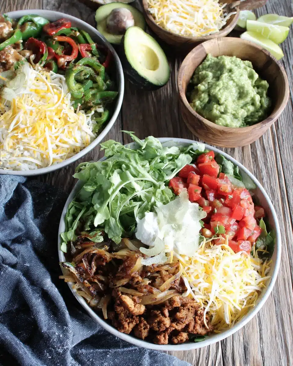 Low carb burrito bowl with guacamole and healthy toppings.