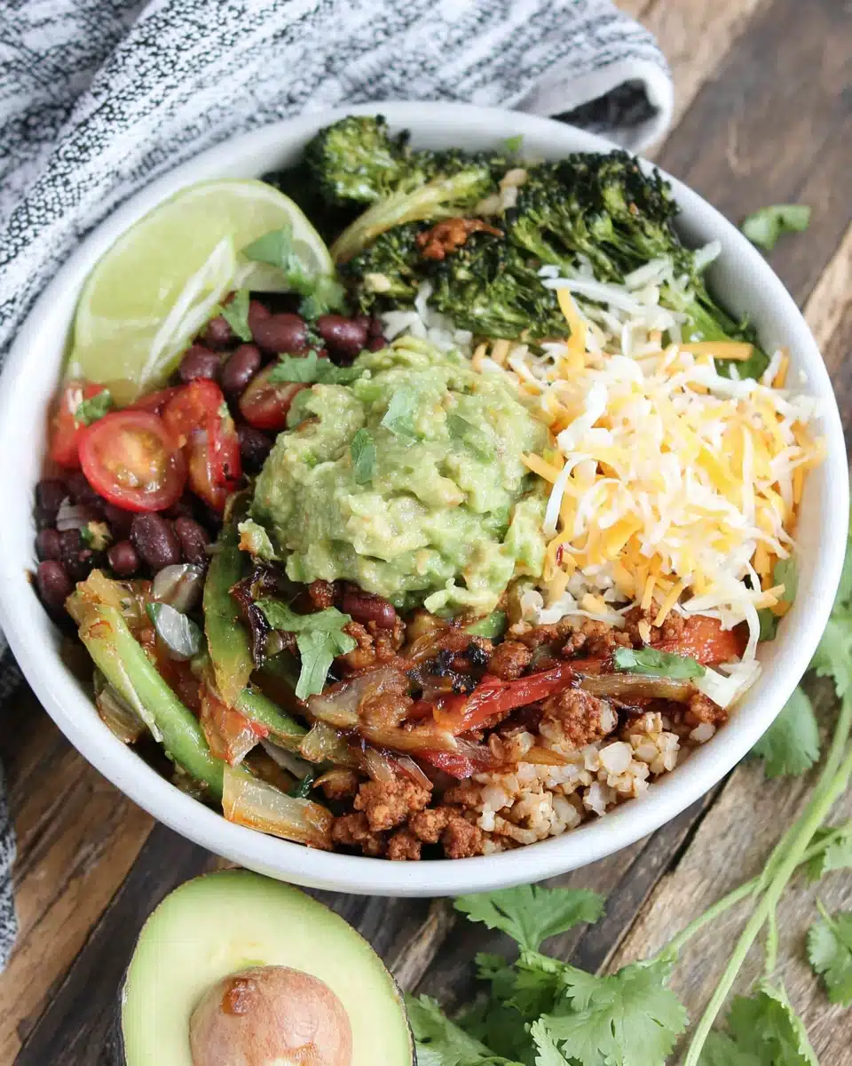 Low carb burrito bowl with guacamole for a healthy meal.