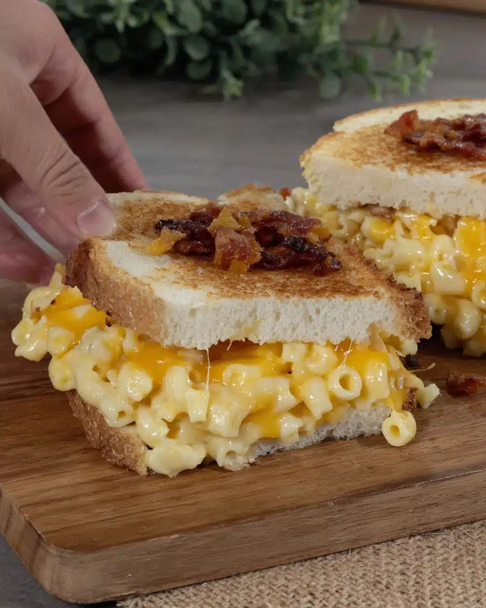 Grilled mac and cheese with bacon sandwich preparation