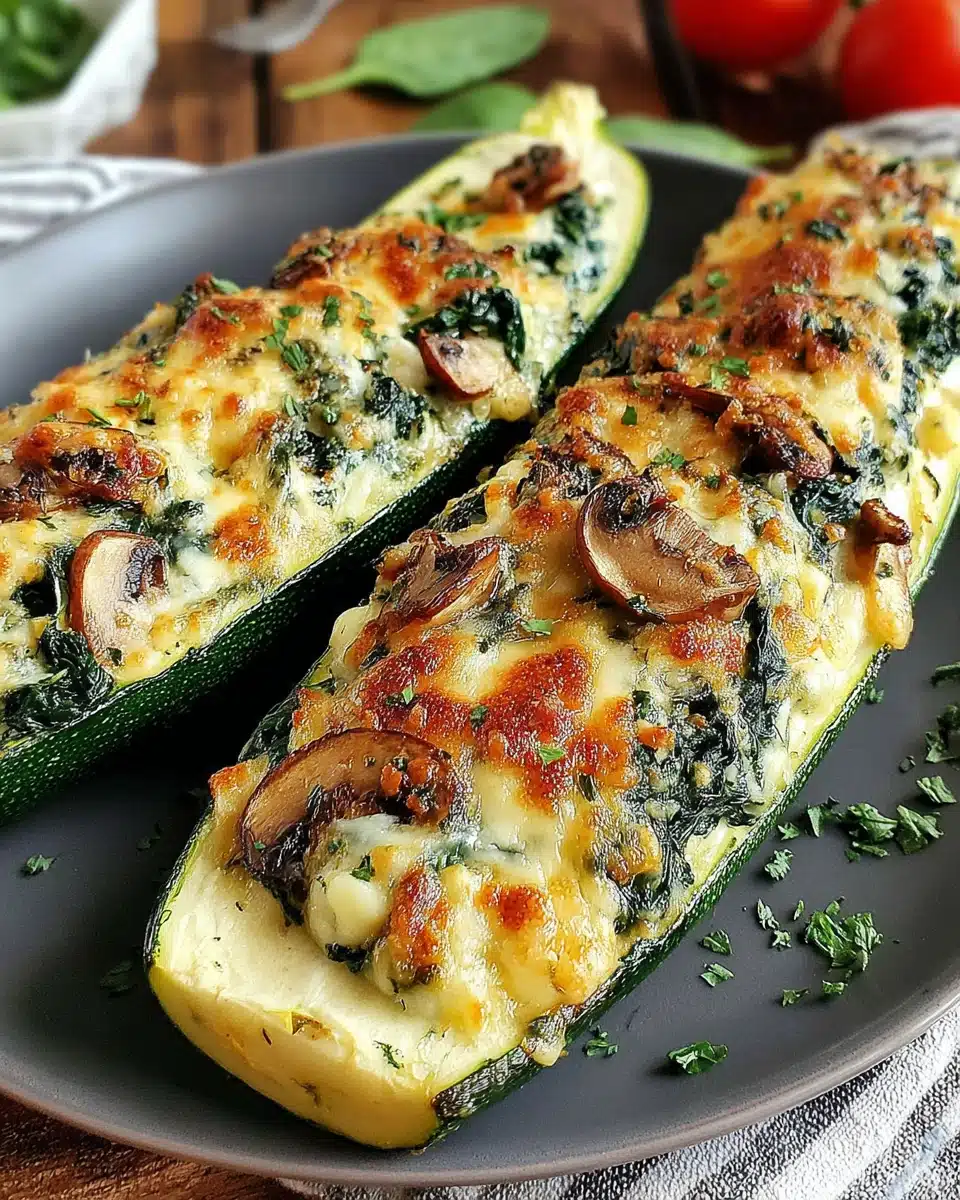 Mushroom and ricotta stuffed zucchini boats on a baking tray.