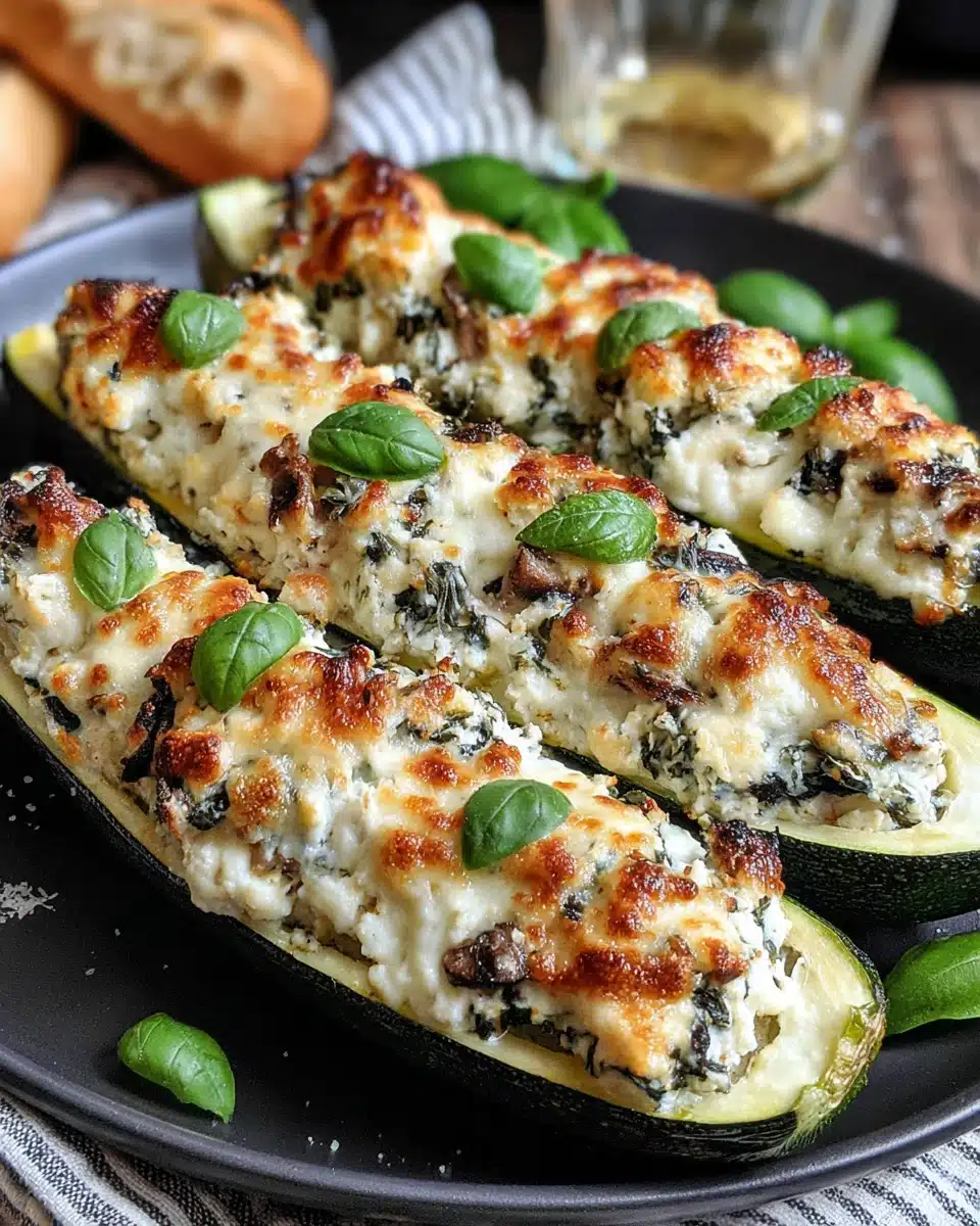 Mushroom and ricotta stuffed zucchini boats baked to perfection