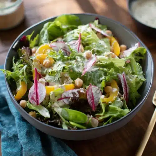 Creamy oil salad dressing enhances any fresh salad.