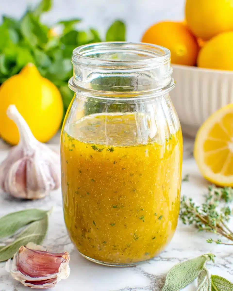 Olive Oil and Lemon Dressing Recipe Olive oil and lemon dressing in a jar, perfect for salads.