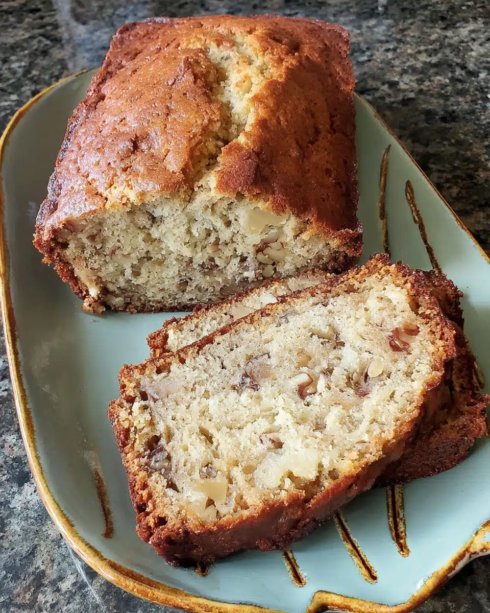 One bowl banana nut bread sliced, served on a plate.