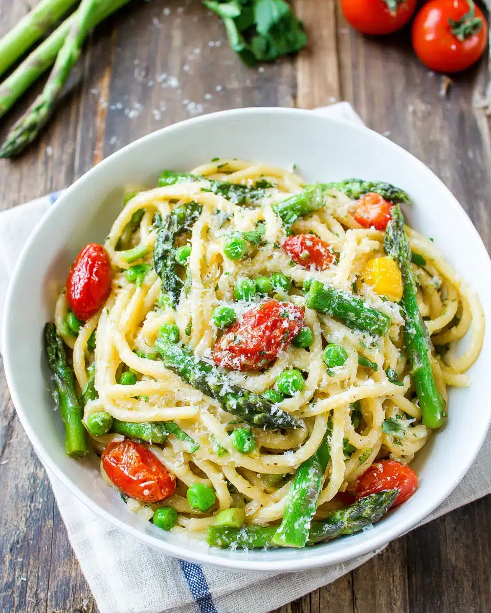 Pasta primavera in light cream sauce with fresh vegetables.