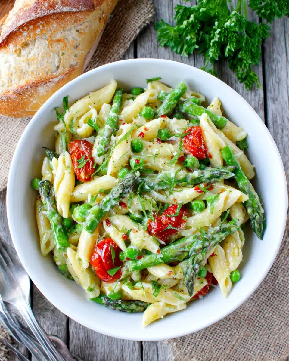Pasta primavera in light cream sauce with fresh veggies.
