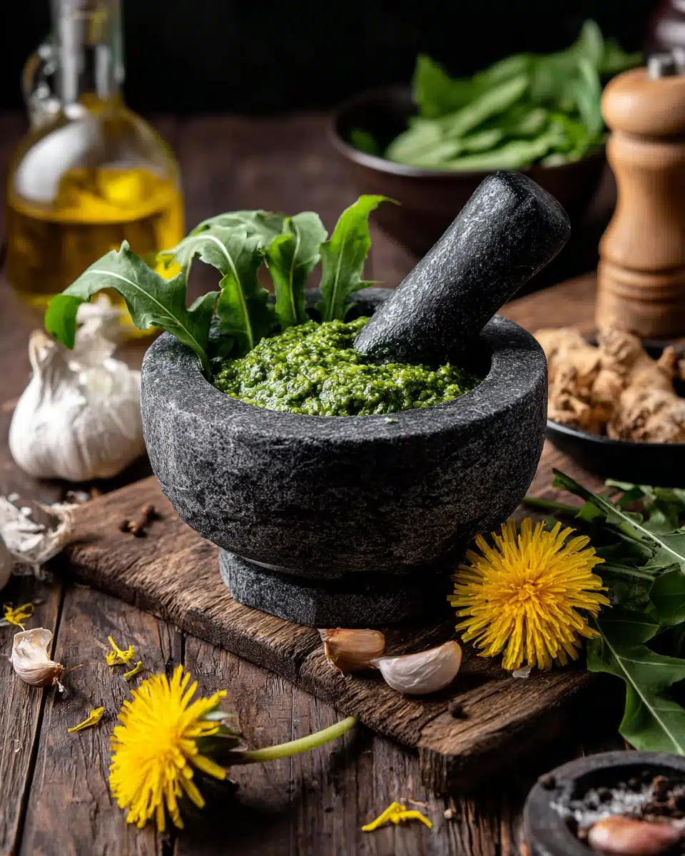 Healthy vegan pesto recipe with dandelion greens.