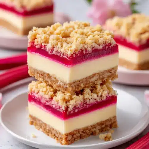 Irresistible rhubarb cream cheese dessert squares with a crunchy topping.