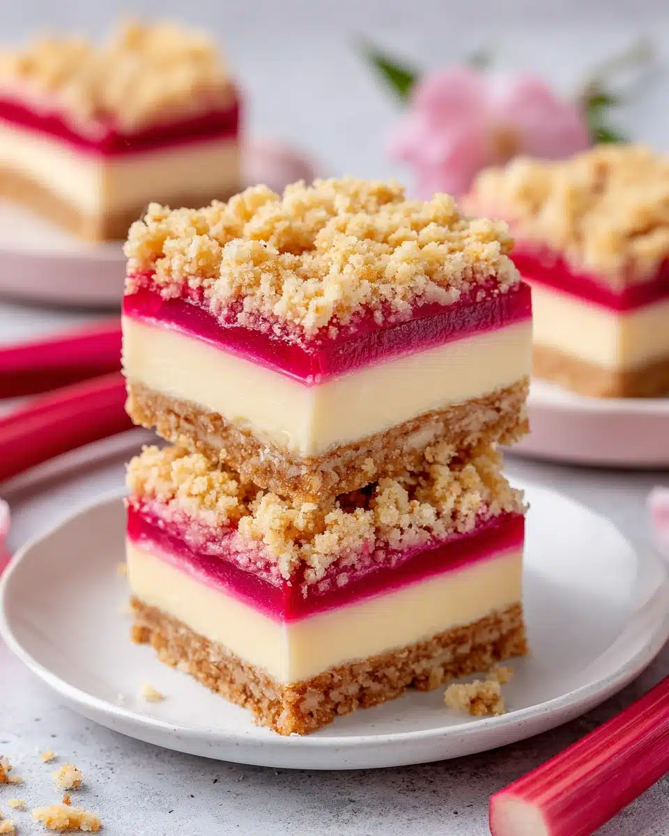Irresistible rhubarb cream cheese dessert squares with a crunchy topping.