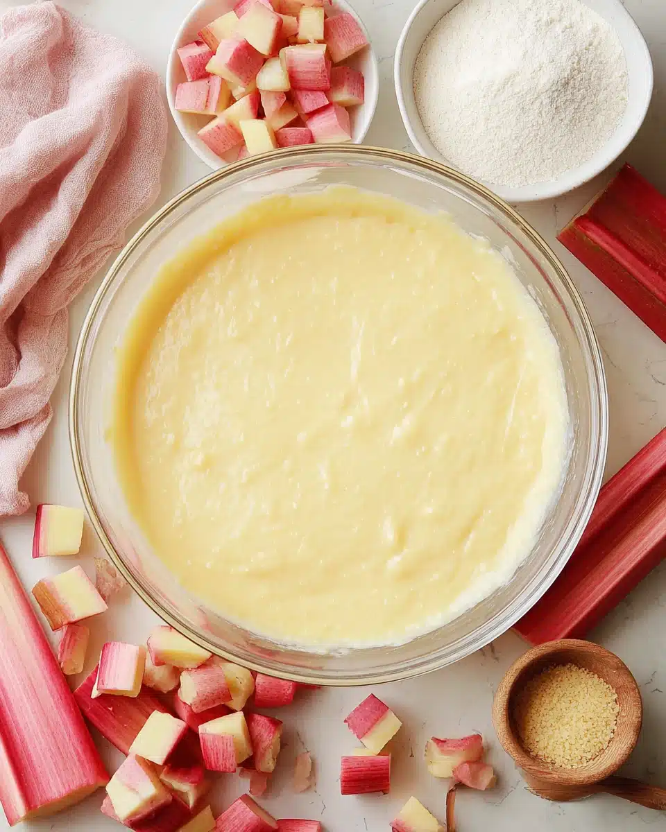 Delicious Rhubarb Custard Cake Ingredients Rhubarb custard cake ingredients: batter, chopped rhubarb, cream, and sugar.
